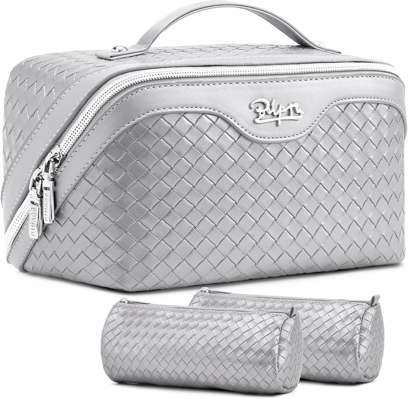 BOYATU Travel Makeup Bag Cosmetic Bags for Women: Large Capacity 3 Pcs Set Make up Bag with Compartments - Waterproof Vegan Leather Toiletry Organizer Bags with Handle (L34 Silver) - Image 1